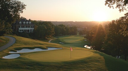 Golf course view at sunset with lush landscape