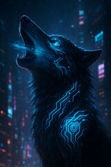 Cyberpunk Wolf Howling In Neon Cityscape With Glowing Blue Circuits