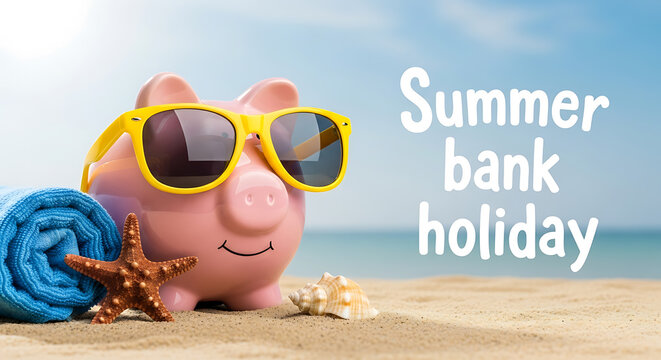 Piggy bank enjoys summer bank holiday on a sandy beach