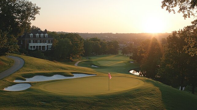Golf course view at sunset with lush landscape