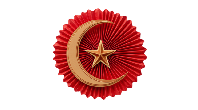 Festive paper rosette with star and crescent design isolated on transparent background 