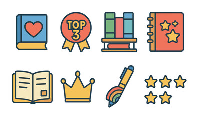 Children's Book Icons. Flat vector mini-illustrations favorite books list in colors children's illustrations: