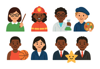 Fototapeta premium Diverse Role Models Icons. Flat vector mini-illustrations diverse role models in colors children's