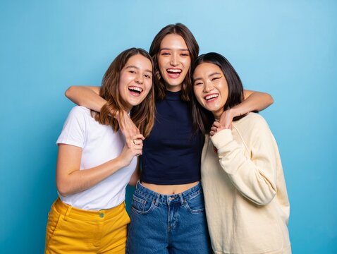Three happy diverse young women friends hugging laughing together on blue background studio