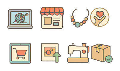 Digital Craft Marketplace. Flat vector mini-illustrations local craft businesses going digital in colors