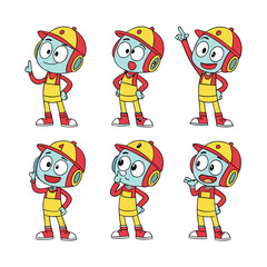 Cartoon Construction Robot Character in Various Poses – Vector Illustration Set