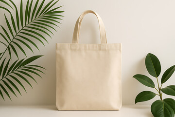 Eco-Friendly Canvas Tote Bag with Green Leaves on Neutral Background