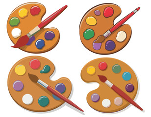 Paint palette and brushes. Painting color pallette, creative drawing tool. Artistic supplies, oil colour pallet on wooden board, artist accessory. Flat vector illustration isolated on white background