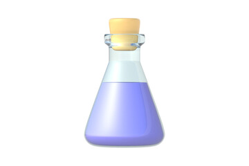 One chemistry flask with fluid isolated on white background. Laboratory equipment. Science glassware. Side view. 3d render