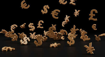Floating currency symbols in a dark background with dramatic lighting