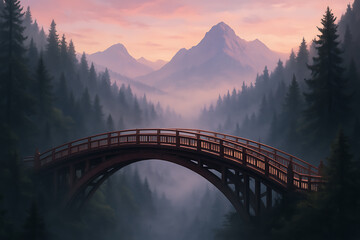 Obraz premium Wooden Bridge Over Misty Forest Valley at Sunrise