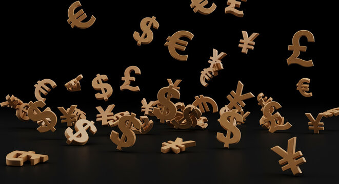 Floating currency symbols in a dark background with dramatic lighting