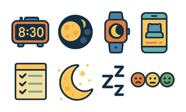 Sleep Tools for Kids. Flat vector mini-illustrations of sleep tracking tools in colors children's