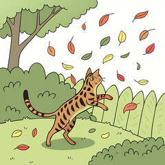 Obraz premium Dynamic bengal cat leaping through a vibrant cascade of colorful autumn leaves captured in a stylized vector illustration with a playful energy