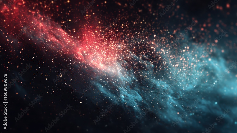 Poster nebula in outer space showing clouds of red and blue gas with many glimmering stars scattered throug