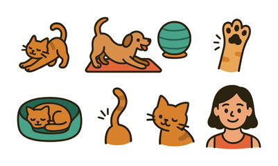 Obraz premium Yoga With Pets. Flat vector mini-illustrations of yoga with pets in colors children's illustrations: