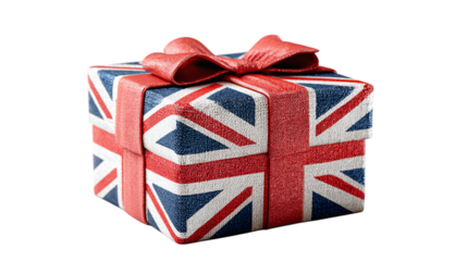 Gift box wrapped in flag colors with badge isolated on transparent background 