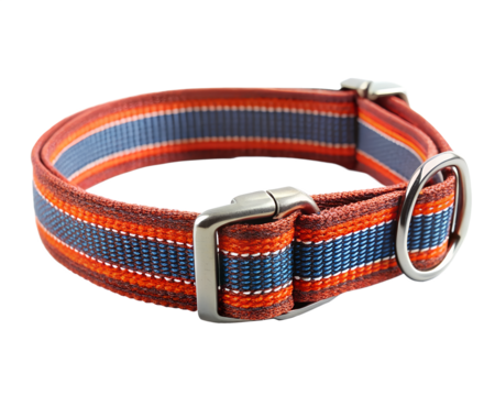 A colorful striped dog collar with metal hardware on a transparent background - Powered by Adobe
