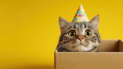 Cute gray tabby cat wearing a yellow and white striped birthday hat peeks out of a brown cardboard box against a bright yellow background in the studio