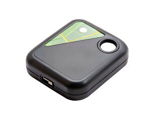 A black electronic gps tracker device with a map design on a transparent background