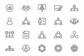 A functional and practical icon set highlighting collaborative tools and structured teamwork. Ideal for product management dashboards, workflow diagrams, and productivity apps