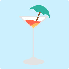 Refreshing cocktail with tropical umbrella on a pale blue background