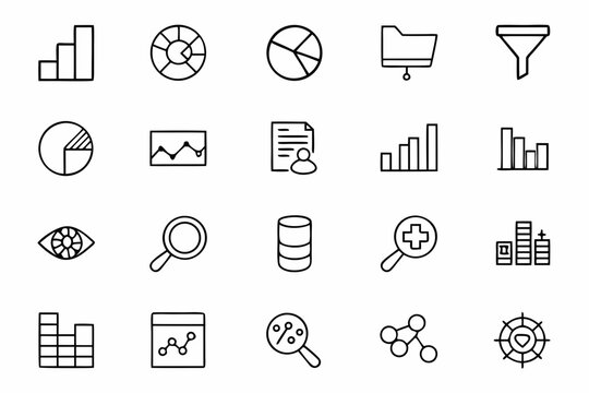 A functional icon set to visualize data-driven insights from clinical studies. Ideal for dashboards, data reports, and pharma analytics