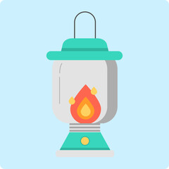 Vintage style camping lantern with a bright flame and a teal handle