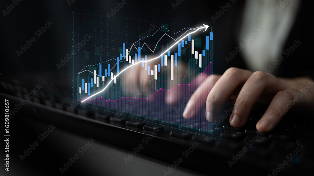Poster a close-up of hands typing on a keyboard enhanced by an abstract financial chart showing upward tren