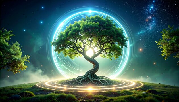 Tree with Glowing Orb on Hill Under Starry Night Sky