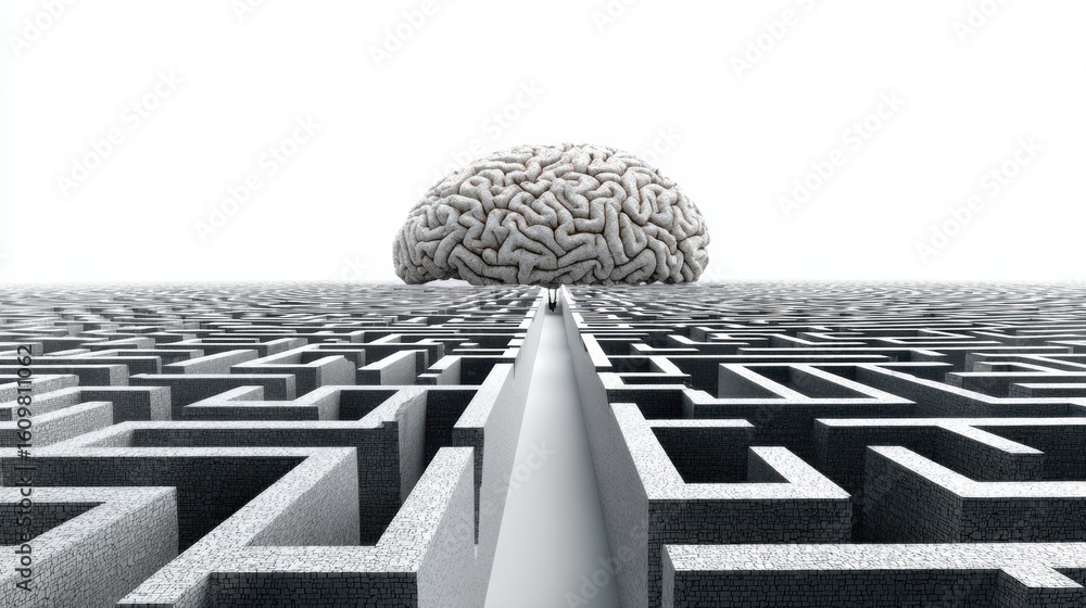 Poster labyrinth path shaped like a brain leading to a blank exit point above in a conceptual design