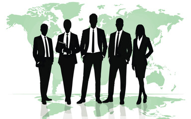 A vector illustration depicting five confident business professionals standing in a row before a world map 