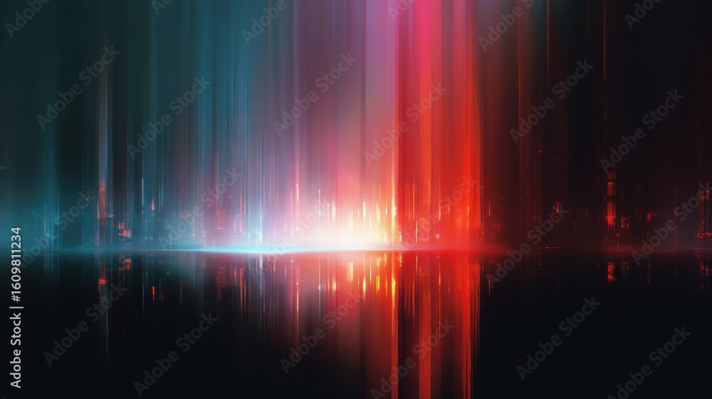 Poster nebula in outer space showing clouds of red and blue gas with many glimmering stars scattered throug