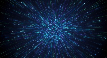 Radiating blue and green light particle explosion background