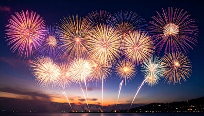 Fireworks display over water at dusk