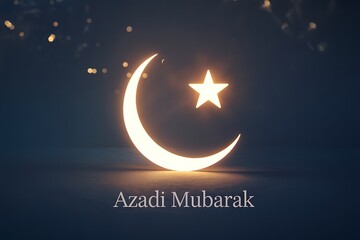 Celebrate Azadi Mubarak with this luminous crescent moon and star, perfect for festive greetings and heartfelt wishes of freedom and joy