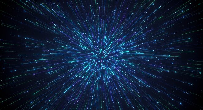 Radiating blue and green light particle explosion background