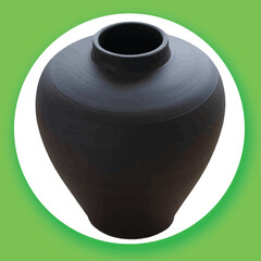 Dark gray ceramic vase with a narrow neck on a white circular background with green gradient