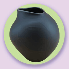 Dark gray ceramic vase with wide opening on a light green circle background pottery black