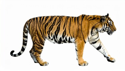 Fototapeta premium Striped Tiger Walking, Isolated White Background, Wild Cat, Big Cat, Mammal, Predator, Fauna, Wildli