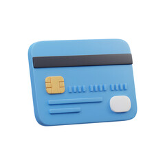 3D Rendering of Blue Credit Card Icon with Metallic Gold Chip on white transparent background