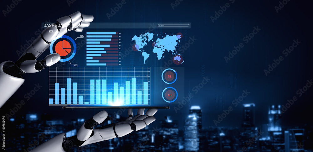 Poster a futuristic robot hand displays a digital dashboard featuring graphs, statistics, and a world map a