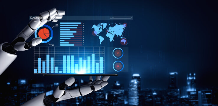 A futuristic robot hand displays a digital dashboard featuring graphs, statistics, and a world map against a stunning night cityscape backdrop, symbolizing innovation and technology. Impute