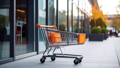 Shopping cart parked outside modern store