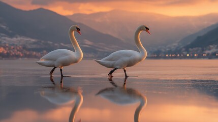 Fototapeta premium Two swans on frozen lake at sunrise