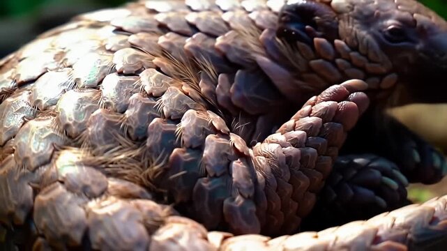 Close-up of a curled pangolin with overlapping scales