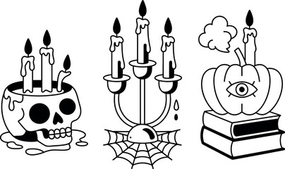 Spooky Halloween vector illustrations: candles, skull, pumpkin, books