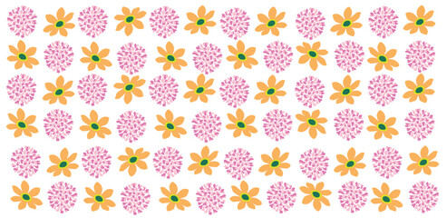 A repeating pattern of stylized pink and orange flowers on a white background.