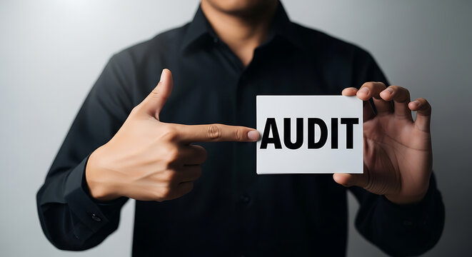 Person points to a card with the word audit written on it