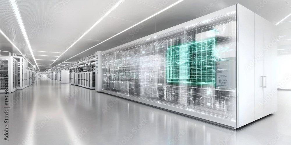 Aufkleber a futuristic data center corridor with transparent digital overlays illustrating server infrastructu